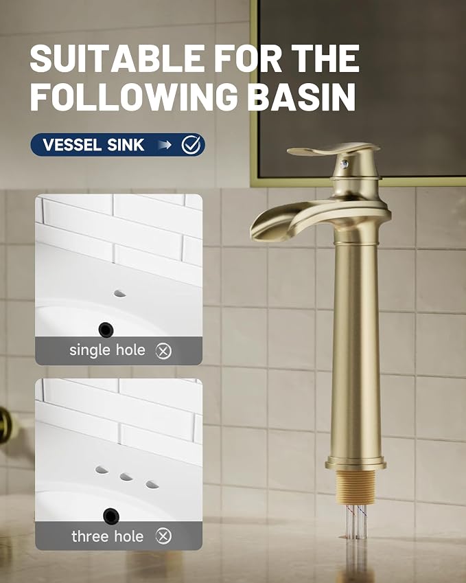 Brushed Gold Vessel Sink Faucet Brass Waterfall Bathroom Faucet Single Hole | with Pop Up Drain Assembly and Supply Hoses, Single Handle Tall Bathroom Faucets Lavatory Vanity Mixer Tap by BATHLAVISH