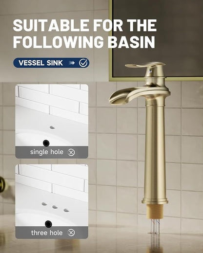 Brushed Gold Vessel Sink Faucet Brass Waterfall Bathroom Faucet Single Hole | with Pop Up Drain Assembly and Supply Hoses, Single Handle Tall Bathroom Faucets Lavatory Vanity Mixer Tap by BATHLAVISH