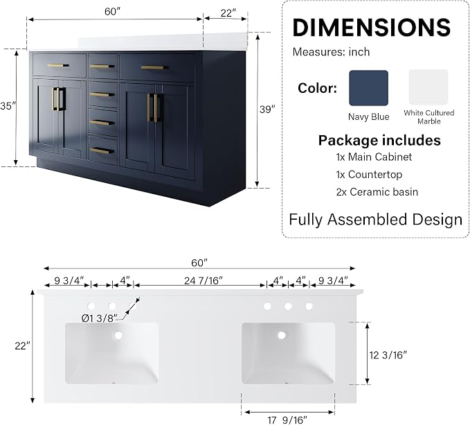 60-Inch Bathroom Vanity with Double Sinks W/ 4 Doors & 4 Drawers & 2 Flip Drawers, Navy Blue Vanity W/Brushed Gold Handles