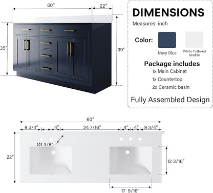 60-Inch Bathroom Vanity with Double Sinks W/ 4 Doors & 4 Drawers & 2 Flip Drawers, Navy Blue Vanity W/Brushed Gold Handles