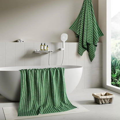 Jacquotha Bath Towels 2 Pack, Lighter & Quick Dry Towels Large 27.5 x 55 inches, Luxury Terry Cotton Towels for Bathroom Beach Swim, Forest Green & White Striped