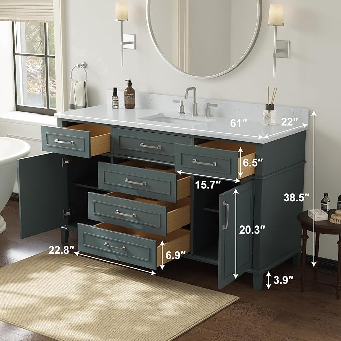 60 Inch Bathroom Vanity with Sink, Fully Assembled, Green | Solid Wood Single Sink Bathroom Vanity, Modern Bathroom Sink Cabinet, Soft Close Doors & Dovetail Drawers, 0.78" Stone Top
