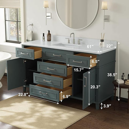 60 Inch Bathroom Vanity with Sink, Fully Assembled, Green | Solid Wood Single Sink Bathroom Vanity, Modern Bathroom Sink Cabinet, Soft Close Doors & Dovetail Drawers, 0.78" Stone Top