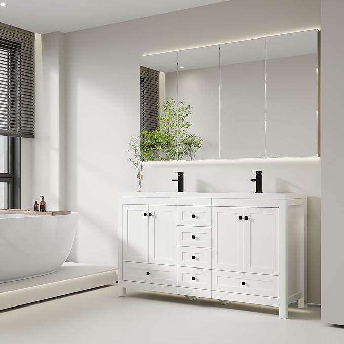 eclife 60" Bathroom Vanities with Sink Combo, Modern Thickened Wood Bathroom Storage Cabinet w/Undermount Double Sink, Matte Black Faucet Drain, Painted Surface, White