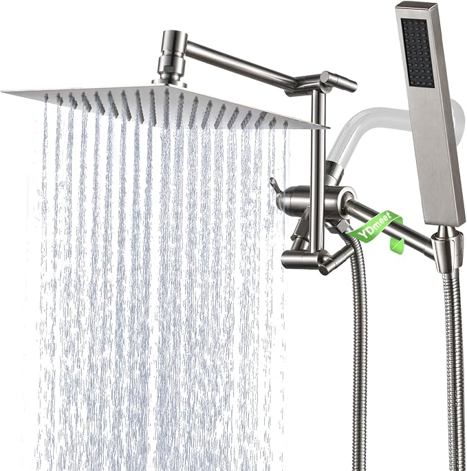All Metal For California Rain Shower Head with Handheld Spray Combo, YDmeet 8 Inch Rainfall Shower Head, 14" Adjustable Extended Arm, Stainless Steel Handheld, 3 Way Diverter, 71" Hose, Brushed Nickel