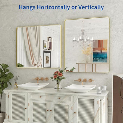 WEER Gold Bathroom Mirror, 36X30 Inch Brushed Gold Metal Frame Mirror, Rounded Rectangle Gold Bathroom Vanity Mirror for Wall, Tempered Glass, Anti-Rust, Hangs Horizontally or Vertically
