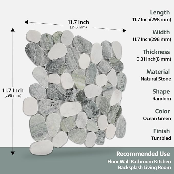 Pebble Tile, Ocean Green Sliced Pebble Stone Tiles for Shower Kitchen Backsplash Bathroom Wall and Floor, 4 Sheets