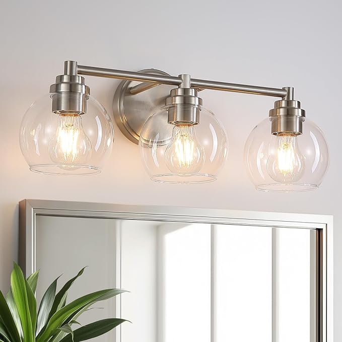 Upgrade 3-Light Bathroom Light Fixtures, Modern Vanity Light with Globe Glass Shade, Brushed Nickel Bathroom Lights Over Mirror, Vanity Lights for Bathroom Bedroom Hallway Living Room