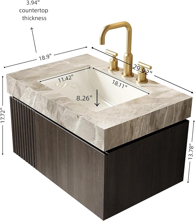 KEIKI 30 Inch Floating Bathroom Vanity with Sink, Espresso & Grey | Modern Wall Mounted Storage Cabinet w/ Drawer & Door, Pre-assembled Wood Panels, Sintered Stone Top & Ceramic Basin Combo Set