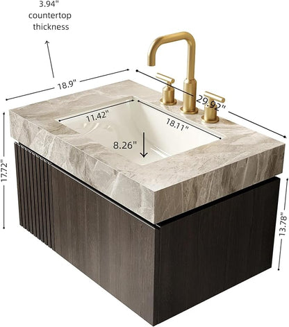 KEIKI 30 Inch Floating Bathroom Vanity with Sink, Espresso & Grey | Modern Wall Mounted Storage Cabinet w/ Drawer & Door, Pre-assembled Wood Panels, Sintered Stone Top & Ceramic Basin Combo Set