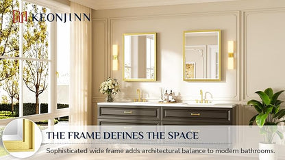 Keonjinn 24" x 32" Gold Bathroom Mirror, Secure French Cleat Installation | Aluminum Alloy Frame, Rustproof, HD Tempered Glass with Beveled Edge, Brushed Gold Mirrors for Wall, Hallway, Entryway Decor