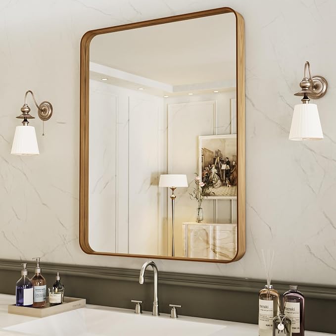 LOAAO 30X36 Inch Bathroom Mirror with Wood Grain Colored Metal Frame | Rounded Rectangle Metal Framed, Anti-Rust, Hangs Horizontally or Vertically, Tempered Glass
