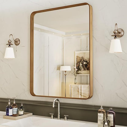 LOAAO 30X36 Inch Bathroom Mirror with Wood Grain Colored Metal Frame | Rounded Rectangle Metal Framed, Anti-Rust, Hangs Horizontally or Vertically, Tempered Glass