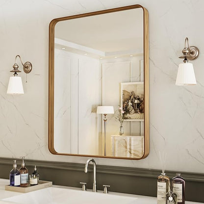 LOAAO 24X32 Inch Bathroom Mirror with Wood Grain Colored Metal Frame, Rounded Rectangle Metal Framed Bathroom Mirror, Anti-Rust, Hangs Horizontally or Vertically | Rounded Rectangle, Anti-Rust, Hangs Horizontally or Vertically