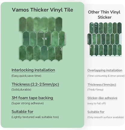 Vamos Tile Thicker Peel and Stick Backsplash Tile,Green,10-Sheet | Self Adhesive Vinyl Wall Tiles with Green Grout, Stick on Backsplash for Kitchen, Bathroom,RV,Laundry,11.1''x12''
