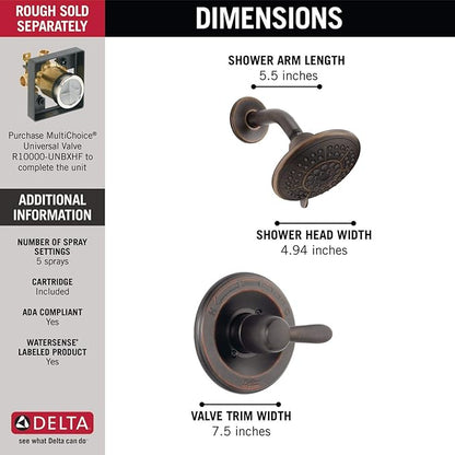 Delta Lahara 14 Series 5-Setting Shower Faucet Set, Oil Rubbed Bronze Shower Head and Handle Set, Valve Trim Kit, Venetian Bronze T14238-RB (Valve Not Included)