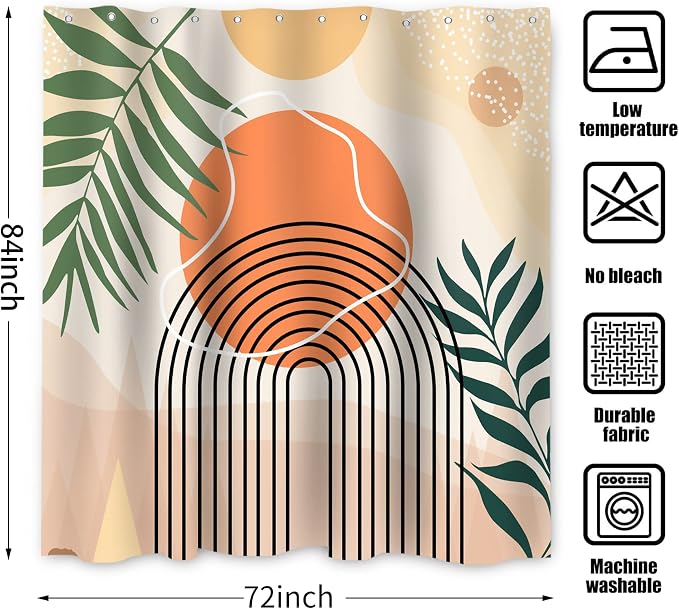 Mid Century Extra Long Shower Curtain, Abstract Boho Minimalistic Arch Sun Leaf Machine Washable Waterproof Fabric for Bathroom Bathtub with Hooks 72Wx84H