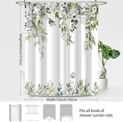 Sage Green Floral Eucalyptus Shower Curtain with Hooks, 72x84 Inch | Waterproof Fabric, Watercolor Leaves and Floral, Botanical Style, Machine Washable, Quick-Drying, for Hotel Bathroom