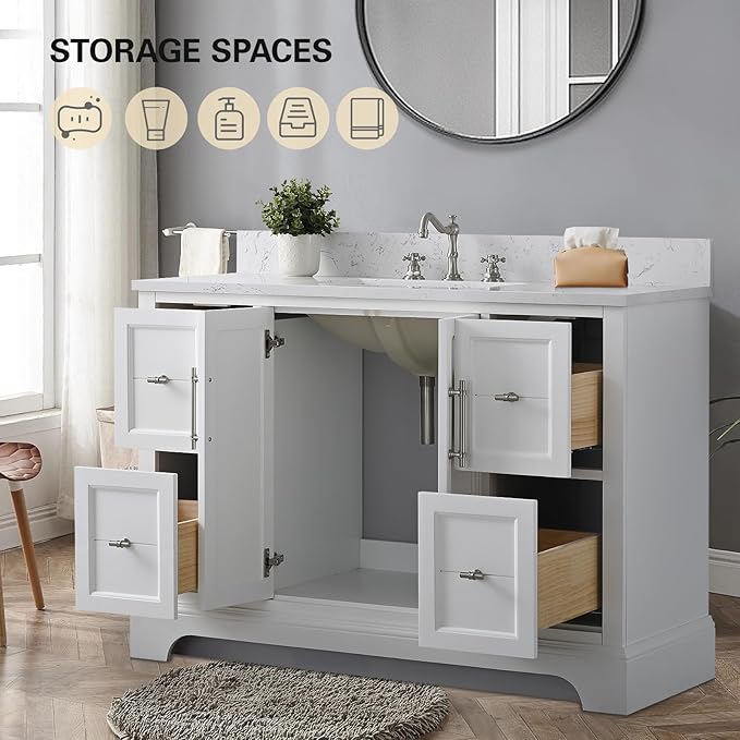HOMEBEYOND 48 Inch Bathroom Vanity with Single Sink & Ceramic Top, Vanity Cabinet with Center Countertop Basin, Soft-Closing Doors, Backsplash,White