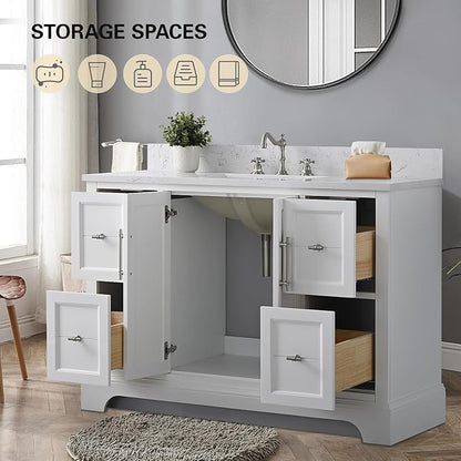 HOMEBEYOND 48 Inch Bathroom Vanity with Single Sink & Ceramic Top, Vanity Cabinet with Center Countertop Basin, Soft-Closing Doors, Backsplash,White