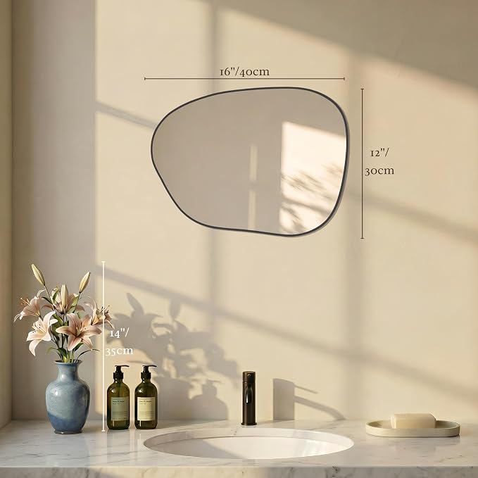 PERFNIQUE Irregular Wall Mirror Asymmetrical Mirror, 16''x12'' Small Black Mirror for Bathroom Bedroom Living Room Entryway, Decorative Modern Wall Decor, Wall Mounted (Black, 16''x12'')