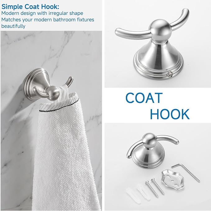4-Piece Bathroom Hardware Accessories Kit, Zynuhmo Brushed Nickel Towel Bar Set Wall Mounted with 20'' Towel Bar, Towel Ring & Toilet Paper Holder, Robe Hook Set Fixtures for Modern Farmhouse Bathroom