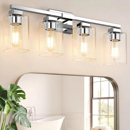 27” Bathroom Light Fixtures, 4-Light Vanity Light Chrome | Square Clear Glass & Durable Metal, Quick & Easy Installation, Standard E26 Socket, Bright Bathroom Lighting