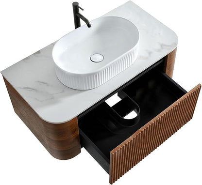 36" Preassembled Floating Bathroom Vanity with White Sink, Walnut | Mid-Century Modern Style, Fluted & Soft-Close Drawer with U-shaped Wall, Sinterted Stone Countertop, Towel Rack Included