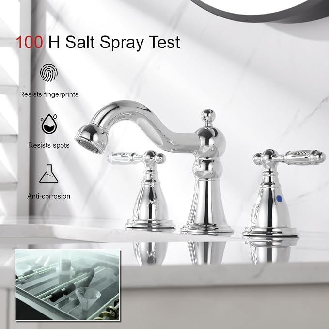 RKF Bathroom Faucets for Sink 3 Chrome 8 inch Widespread Bathroom Sink Faucet with Drain Double Lever Handle Faucet Bathroom Vanity Faucet Basin Mixer Tap WF013-C