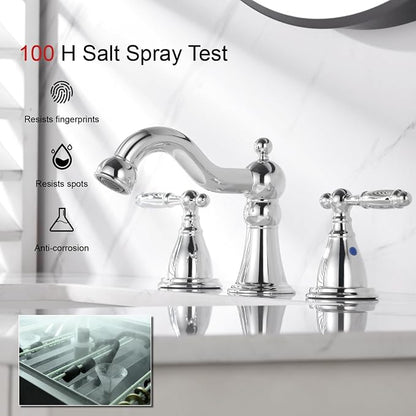 RKF Bathroom Faucets for Sink 3 Chrome 8 inch Widespread Bathroom Sink Faucet with Drain Double Lever Handle Faucet Bathroom Vanity Faucet Basin Mixer Tap WF013-C