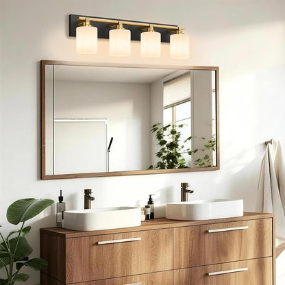 Black and Gold Bathroom Light Fixture, Modern 4 Light Vanity Lights for Bathroom Lighting Fixtures Over Mirror, White Glass Lampshade, Master & Guest bathrooms Bathroom Remodel, 27.5-inch