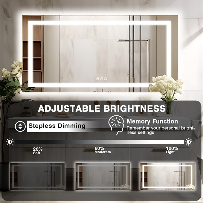 EchosLife 72"x40" Large LED Bathroom Mirror with Lights | Backlit + Front Lit, Anti-Fog, Stepless Dimmable, 3 Colors, Memory, Tempered Glass, UL Listed, Horizontal/Vertical
