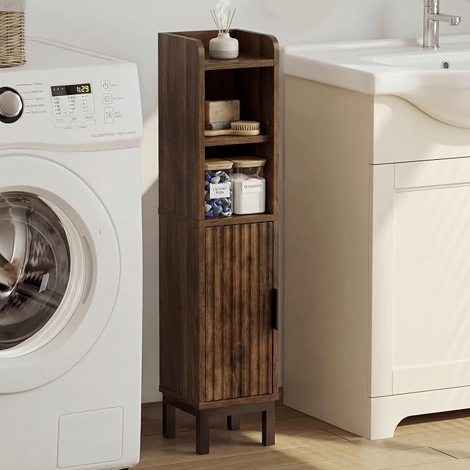 Small Bathroom Storage Cabinet, Corner Narrow Toilet Paper Floor Cabinet with Door and Shelves,Bathroom Organizer with Adjustable Shelf, for Small Spaces (Rustic Brown, 4-Tier)
