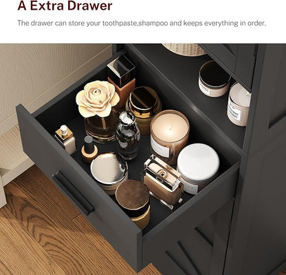 TEENFON Tall Bathroom Storage Cabinet with Barn Doors, Narrow Bathroom Cabinet with Drawer, Narrow Storage Unit, Adjustable Shelves, Floor Cabinets for Living Room, Entryway, Kitchen, Black