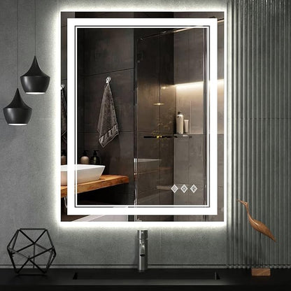 LED Bathroom Mirror, 24x32 Inch Vanity Mirror with Lights | Gradient Front and Backlit Bathroom Mirror with Lights, 3 Colors Dimmable CRI>90, IP54 Enhanced Anti-Fog, Hanging Plates