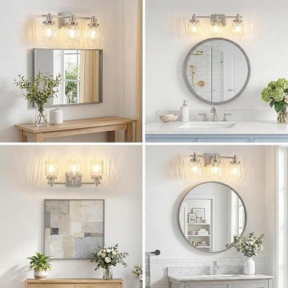 3 Light Bathroom Vanity Light Fixtures Modern Brushed Nickel | ETL Certificate, Easy to Install,Wall Mount Up or Down,Hammered Glass Lampshade,E26 Socket,Hardwired,120V