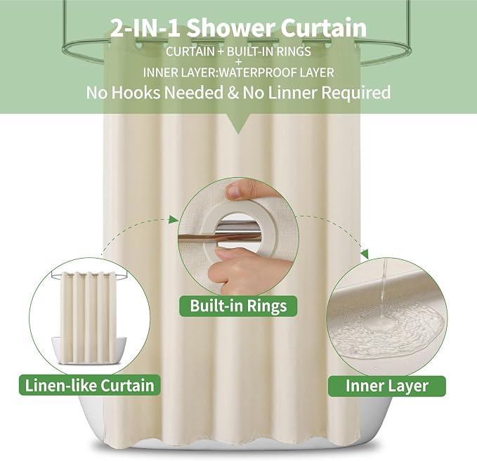 Stall No Hooks & No Liner Needed Fabric Shower Curtain,54"Wx80"L,Cream | Linen Texture,100% Waterproof TPU Laminated Layer,Bottom Magnets,Machine Washable,Hotel Style Bathroom Curtain For Shower,Tub