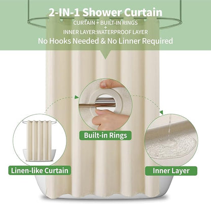 Stall No Hooks & No Liner Needed Fabric Shower Curtain,54"Wx80"L,Cream | Linen Texture,100% Waterproof TPU Laminated Layer,Bottom Magnets,Machine Washable,Hotel Style Bathroom Curtain For Shower,Tub