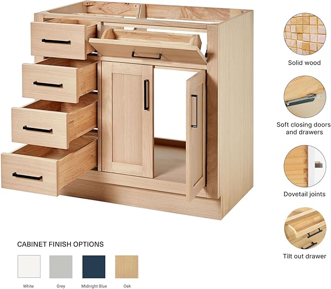 ARIEL Hepburn 36-inch Bathroom Vanity Base Cabinet,Solid Wood, 2 Soft Closing Doors, 5 Dovetail Drawers, White Oak