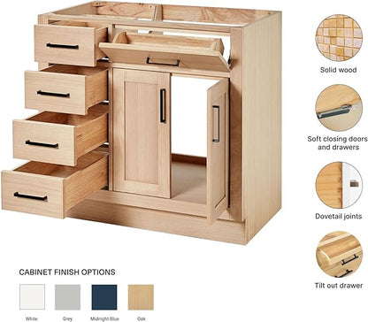 ARIEL Hepburn 36-inch Bathroom Vanity Base Cabinet,Solid Wood, 2 Soft Closing Doors, 5 Dovetail Drawers, White Oak