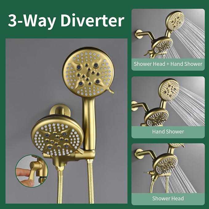 L829-3 Brushed Gold Shower Faucet Set - Complete Dual Shower Head & Handheld Combo, Tub Spout & Trim Kit