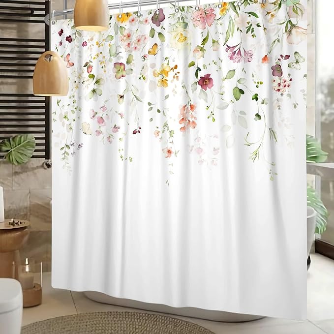 Spring Flower Extra Long Shower Curtain, Floral Colorful Nature Machine Washable Waterproof for Bathroom Bathtub with Hooks 72Wx84H