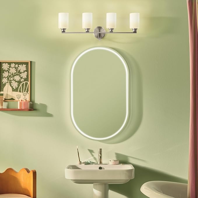 Kichler Gioe 32.25" 4-Light Vanity Light with Opal Glass in Brushed Nickel, Damp Rated, for Bathroom, Powder Room, Over a Mirror, (32.25" W x 10.5" H), 55227NI