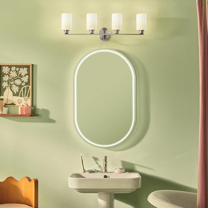Kichler Gioe 32.25" 4-Light Vanity Light with Opal Glass in Brushed Nickel, Damp Rated, for Bathroom, Powder Room, Over a Mirror, (32.25" W x 10.5" H), 55227NI