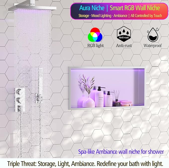 RGB LED Light Shower Niche, Brushed 24X12 in Stainless Steel Wall Cabinet with Remote Control, Waterproof No Tile Needed Wall Niche for Bathroom Storage Built-in Installation