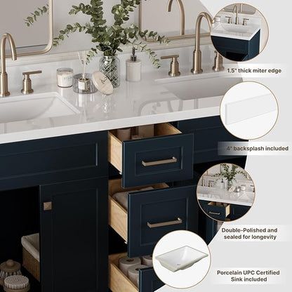 ARIEL 61 inch Double Bathroom Vanity top with Sink, 1.5 Inch Thick Miter Edge White Quartz top, Rectangle Double Sink Vanity top, Includes Backsplash