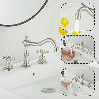 GGStudy 2 Handles 3 Holes Faucet Widespread Bathroom Sink Faucet Brushed Nickel Basin Tap Mixer Faucet Matching Pop Up Drain