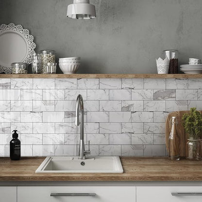 Vamos Tile 4-Piece Glossy Statury White Peel and Stick Backsplash Tile | 3''x6'' PVC Subway Tile with Dark Gray Grout, Stick on Backsplash for Kitchen/Bathroom/Fireplace/Laundry/Camper