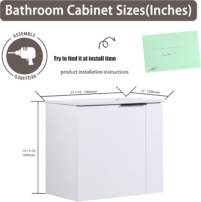 22 Inch Bathroom Vanity with Sink, 22" Wall Mounted Vanity Sink Combo for Small Space, Modern Bathroom Cabinet Set with Ceramic Basin Sink Top and Soft-Closing Door, White