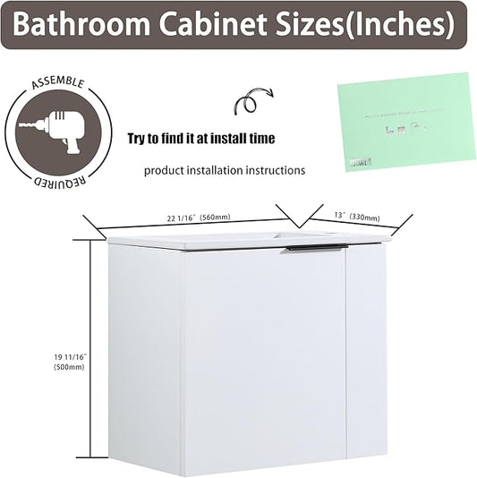 22 Inch Bathroom Vanity with Sink, 22" Wall Mounted Vanity Sink Combo for Small Space, Modern Bathroom Cabinet Set with Ceramic Basin Sink Top and Soft-Closing Door, White